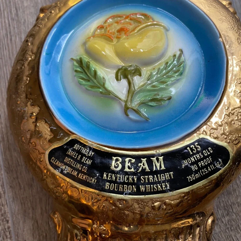Vintage Jim Beam 24kt Gold Plated Whiskey Decanter Blue Rose Medallion